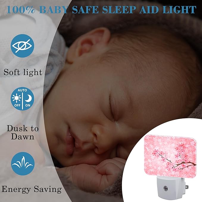 Blooming Cherry Blossoms Night Light Plug into Wall, Cherry Blossoms Night Light with Dusk to Dawn Sensor for Kid Girls Boys Women Men Bedroom, Hallway, Kitchen, Bathroom, Stairs Decor