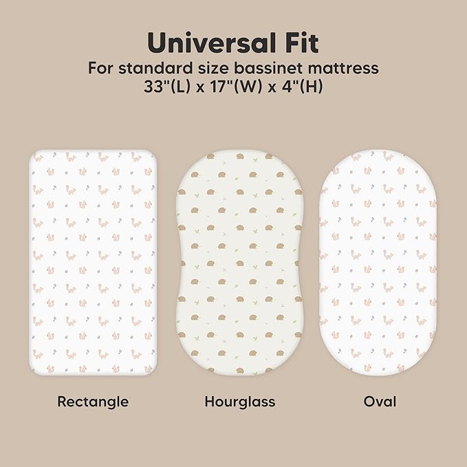 2-Pack Organic Bassinet Sheets for Girls, Boys - 100% Cotton Bassinet Mattress Sheets Compatible with Halo Bassinest Swivel Sleeper, Graco, Baby Delight, Chicco, Fitted Bassinet Sheets (Nibble/Bruce)