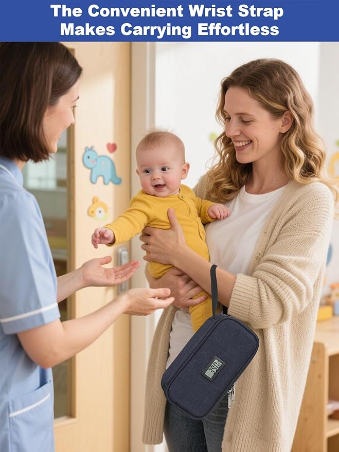 YOUSHARES Breastmilk Cooler Travel Bag with Digital Thermometer, Small Insulated Baby Milk Storage with 2 Ice Packs, Daycare and On-The-Go Moms （Navy）