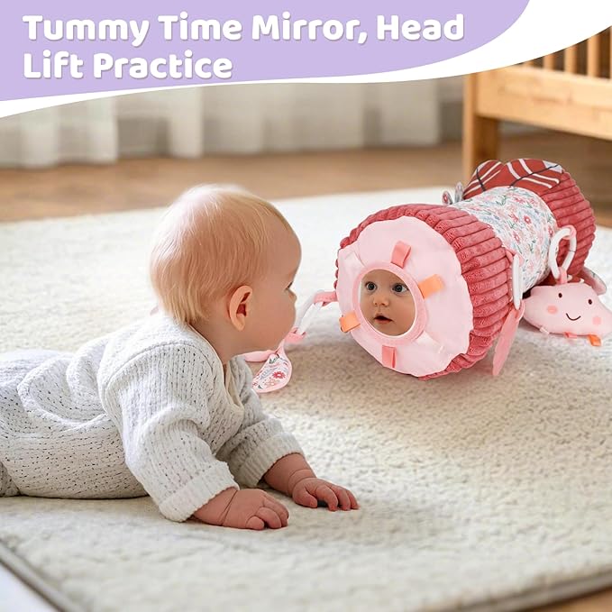 vocheer Tummy Time Pillow with Detachable Sensory Toys for Babies,Inflatable Design,Pink Rabbit, Baby Girl Toys 3-6 Months with Tummy Time Mirror, Rattles, Teether, Baby Girl Gifts