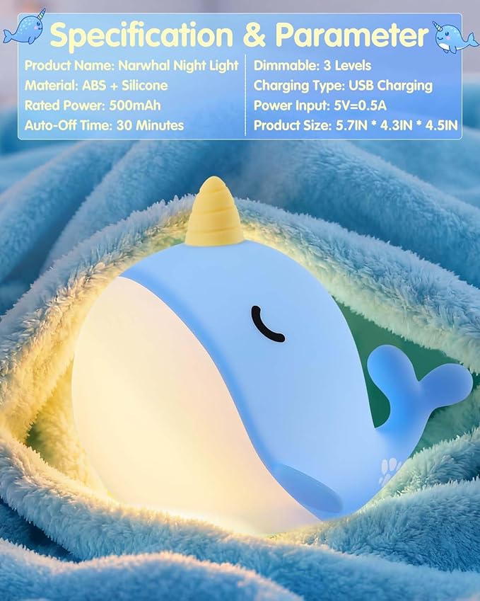 Fuloon Narwhal Night Light with Whale Shape, Squishy Silicone Kids Lamp, Safe & Soothing Touch Control for Kids and Babies, USB-C Rechargeable, 30-Min Auto Timer, Gift Idea (Blue)