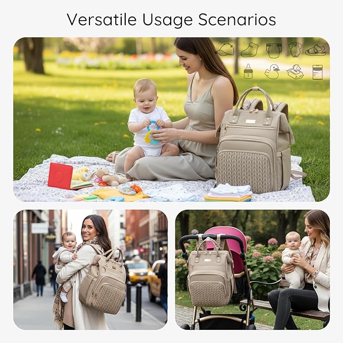 AIJIEKE Diaper Bag, Large Wide-Open Baby Diaper Backpack, Multi-functional Baby Travel Tote Bag, Diaper Bag with Changing Pad, Diaper Bags for Mom & Maternity (Brown Taupe)