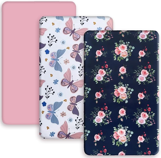 AMROSE 3 Pack Heavenly Soft Mini Crib Sheets, Microfiber Pack N Play Sheets Set for Baby Girls, Silk Touch Gentle, Fitted for Playard Portable Crib Mattress, Floral & Butterfly