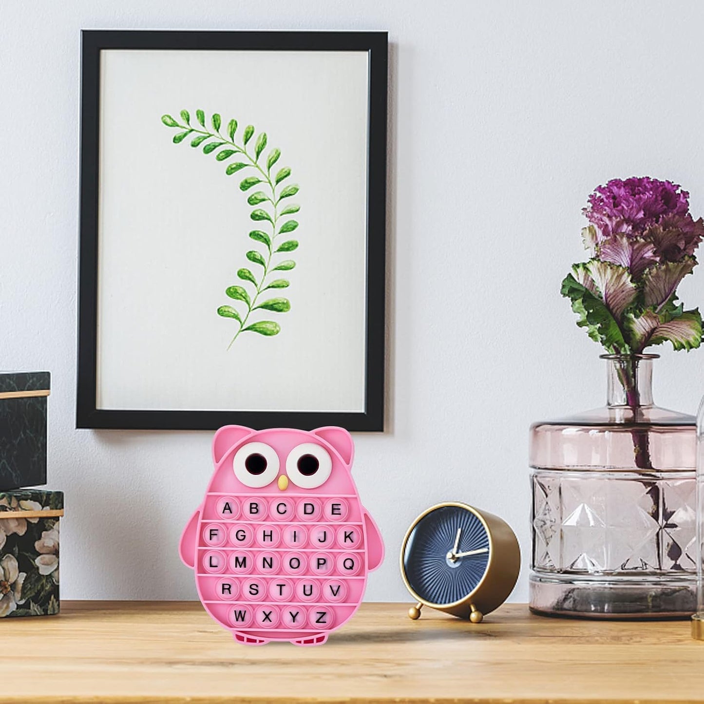 Push Pop Bubble Fidget Sensory Toy, Silicone Stress Relief Popping Toy, ABC Alphabet Owl Shaped Educational Learning Tools for Toddlers Kids Students (Black Letters-Rose)