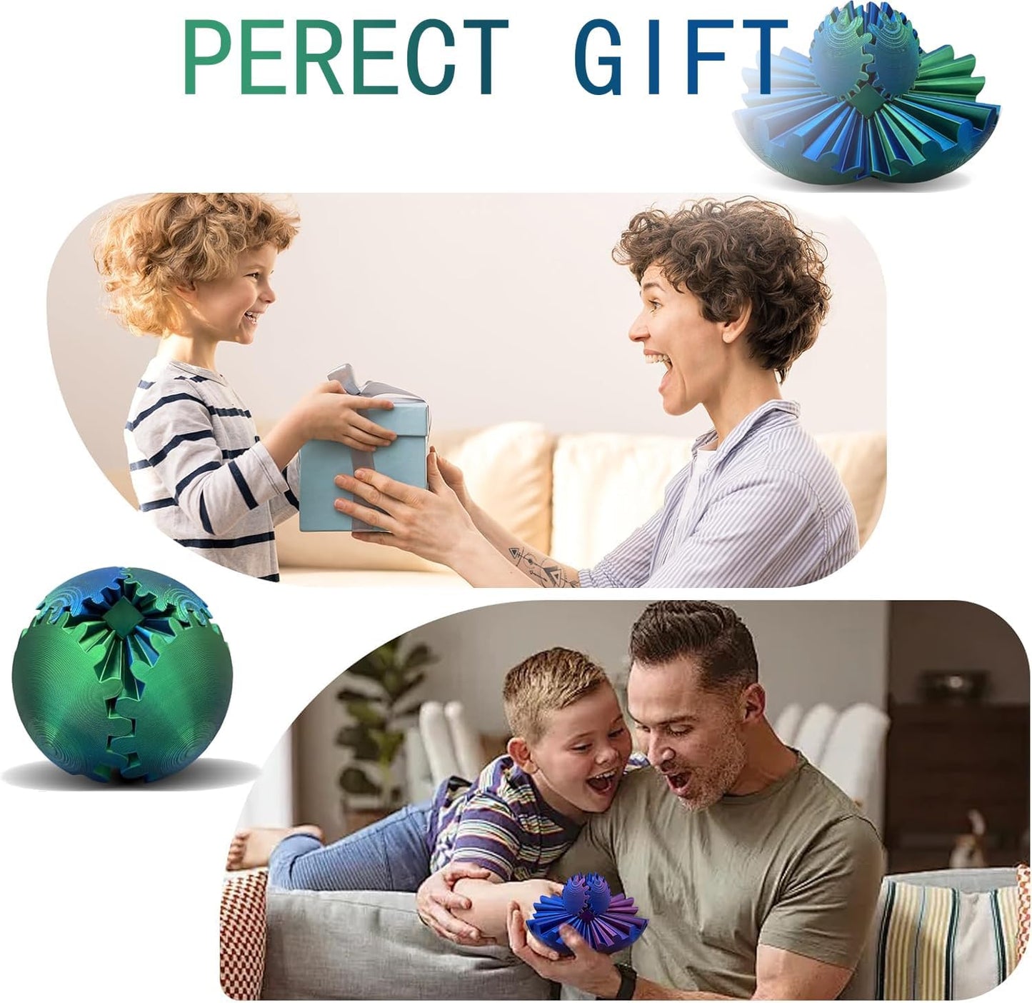 Gear Ball,Gear Sphere,3D Printed Gear Ball Gear Ball for Stress and Anxiety Relaxing Fidget Ball,3D Printed Work Fidget Toy,Activity Gear Ball for Adults & Kids (Green+Blue)