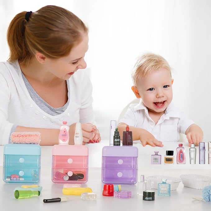 72Pcs Dollhouse Mini Jewelry Storage Case Handbag Towel Cosmetic Set Bathroom Acessories Toothbrush Shampoo Perfume Hair Dryer Comb Purse Decor DIY Doll Backpack Girl Micro Scene