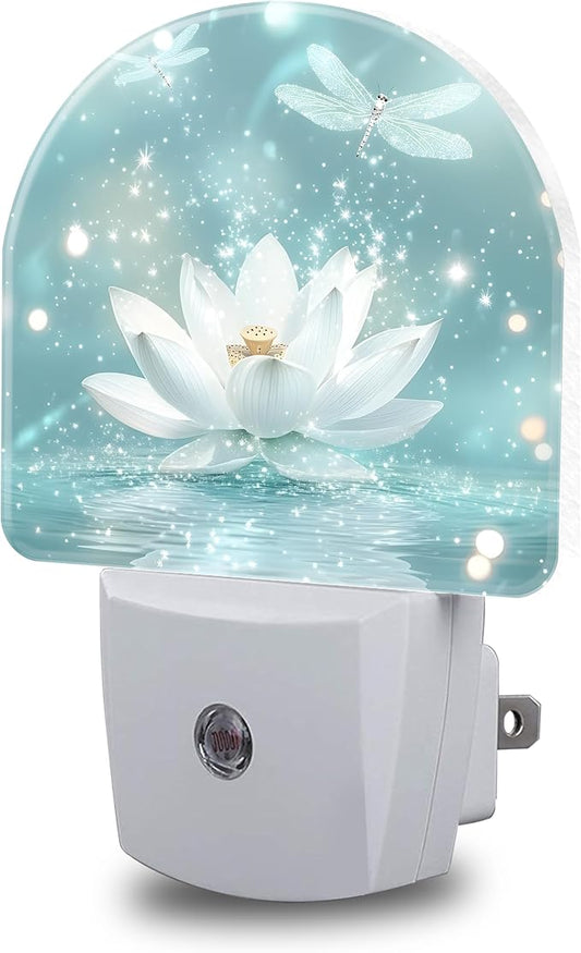 Night Lights Plug into Wall White Lotus and Dragonfly Night Light Dusk to Dawn Smart Sensor Decorative Round Led Lamp for Bedroom Kitchen Hallway Nightlight for Women Men