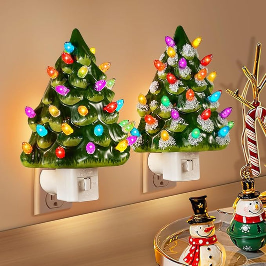 Tfro & Cile Ceramic Christmas Tree Night Light 2 Pack Xmas Decorative Tree Lamp Small Vintage Light Up Bathroom Decor with On/Off Switch for Home Bedroom