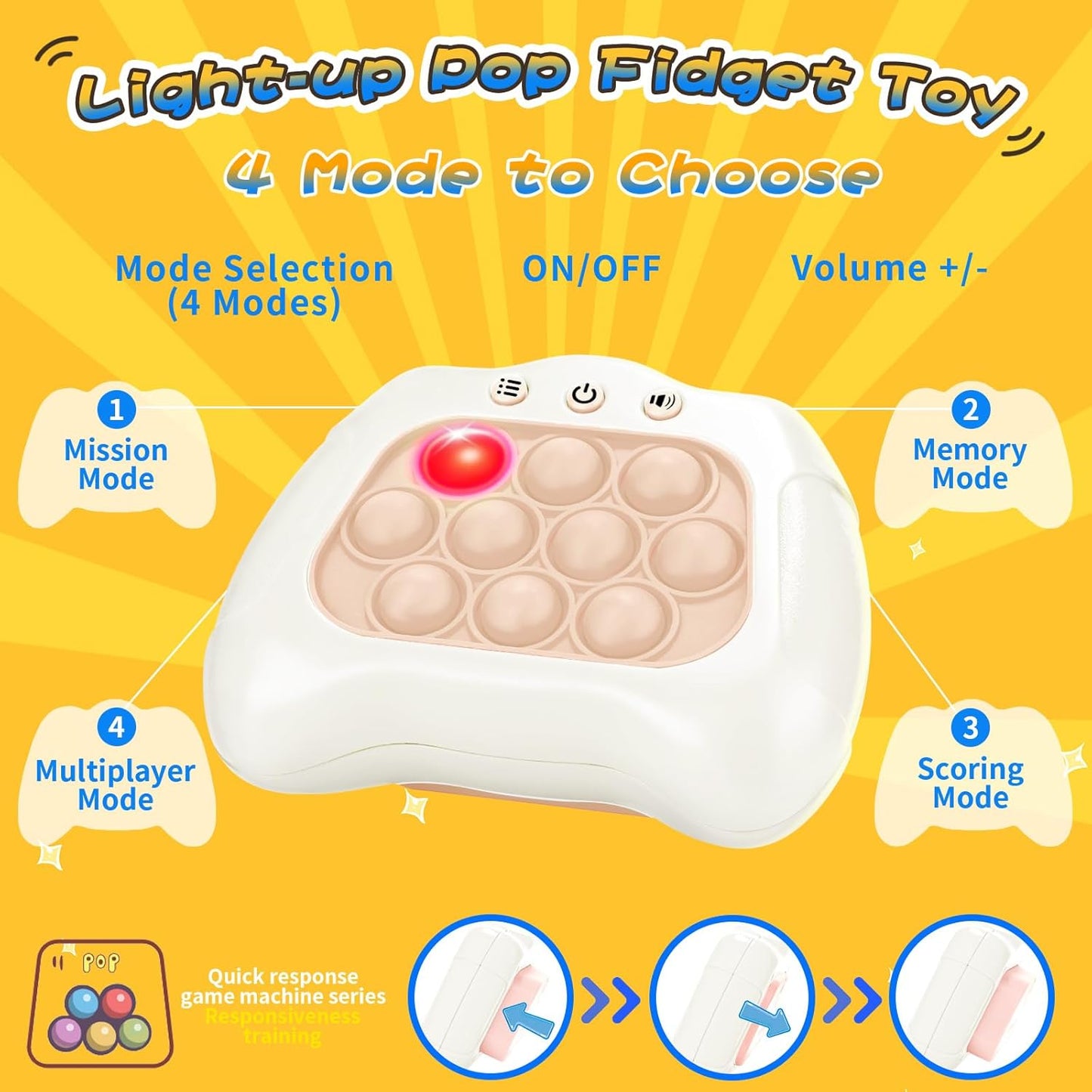 Fast Push Bubble Game, Light-up Pop Game Fidget Toys for Kids and Adults, Electronic Handheld Quick Push Bubble Game, Stress Relief Toys for 6 7 8 9+ Year Old Boys & Girls (White)