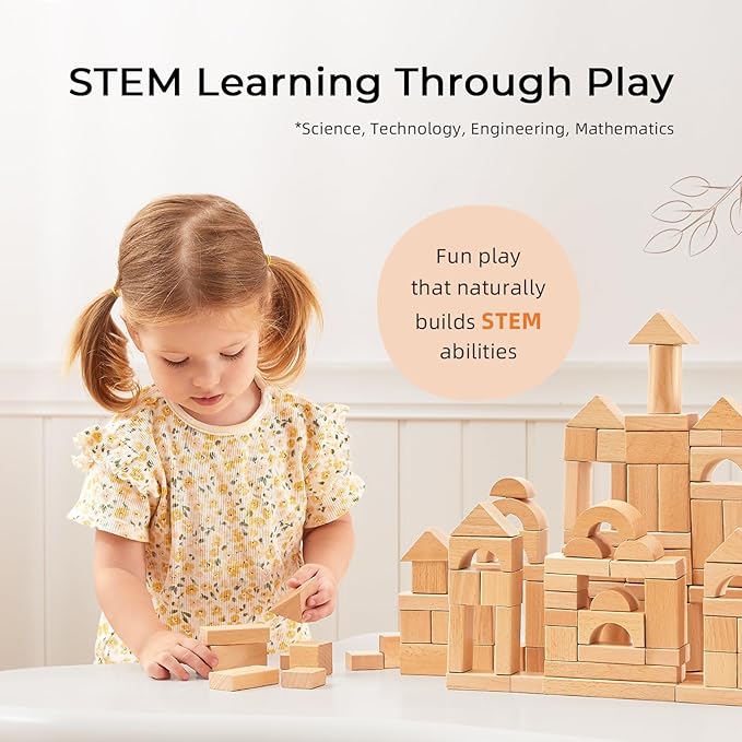 100pcs Natural Beech Wooden Building Blocks for Toddlers 1-3, Wooden Blocks for Baby Shower with Storage Bucket, Montessori Toys for Preschool Girls and Boys