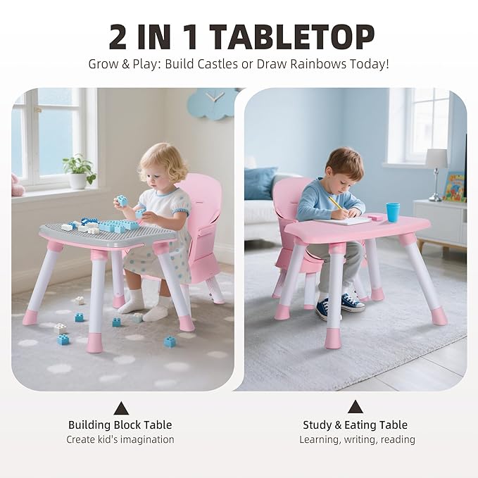 8 in 1 Baby Highchair, Convertible High Chair for Babies and Toddlers, Booster Seat w/5-Point Safety Belt, Toddler Building Block Table, Dishwasher Safe Tray, No Tool Install, Pink