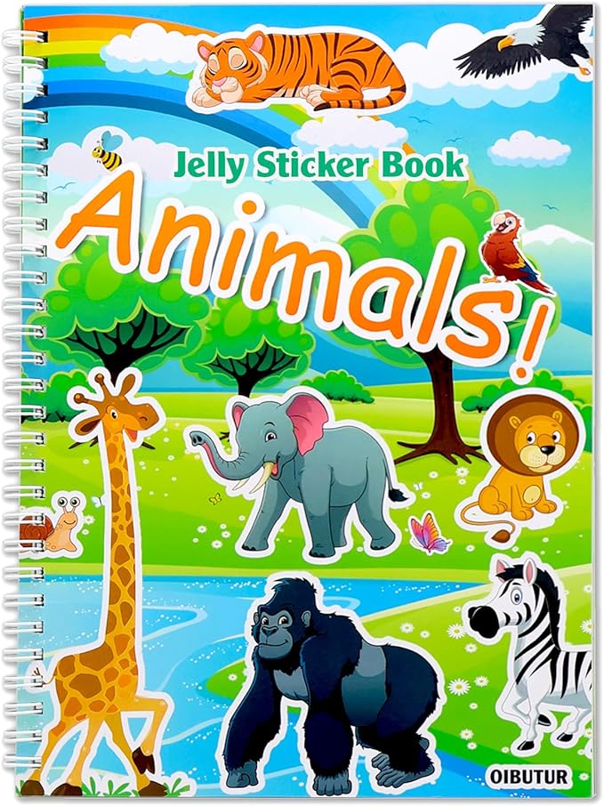 Jelly Sticker Book for Kids 2-4 Travel Essentials, Reusable Sticker Book + 8 Scenes + 2 Matching Games + 51 Large Animal Stickers for 1-3 Toddler Activities (Animals)