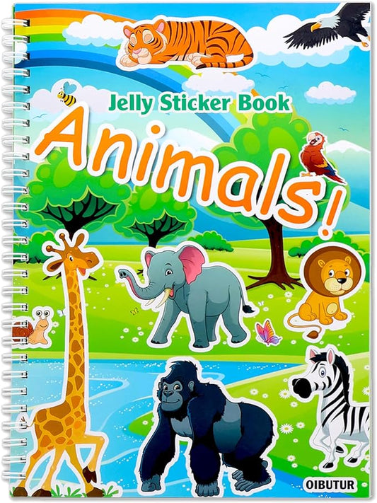 Jelly Sticker Book for Kids 2-4 Travel Essentials, Reusable Sticker Book + 8 Scenes + 2 Matching Games + 51 Large Animal Stickers for 1-3 Toddler Activities (Animals)