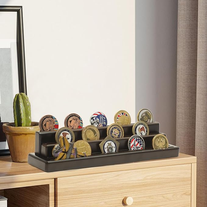 Military Challenge Coins Display Holder Solid Wood,Small Challenge Coin Stand Holds 15-18 Coins,4 Row Army Coin Display Rack for Desk,Challenge Coin Display Case (Coins Not Included)