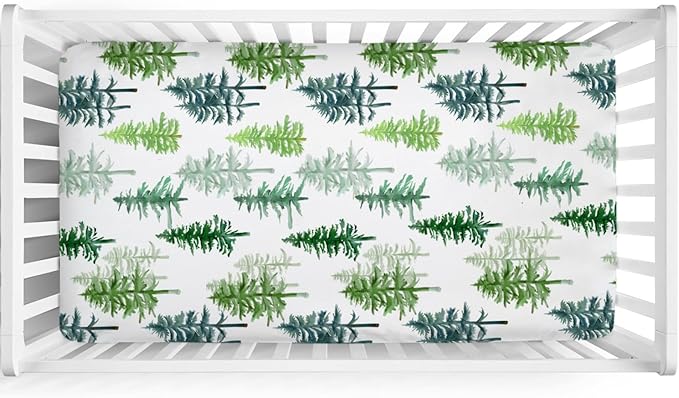 Watercolor Pine Trees Baby Crib Sheets 52''x28'' Winter Green Pines Snug Fitted Crib Mattress Cover for Boy Girl Soft Nursery Baby Bed Sheets for Standard Crib and Toddler Mattresses