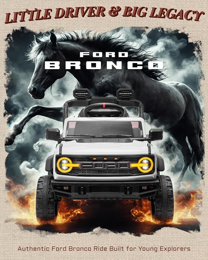 Ford Bronco Raptor 12V Toddler Ride on Toys, Safe Kids Ride on Truck with Remote Control, Children Electric Cars with 4 Wheels Suspension, Radio, Music, Bluetooth (12V, White)