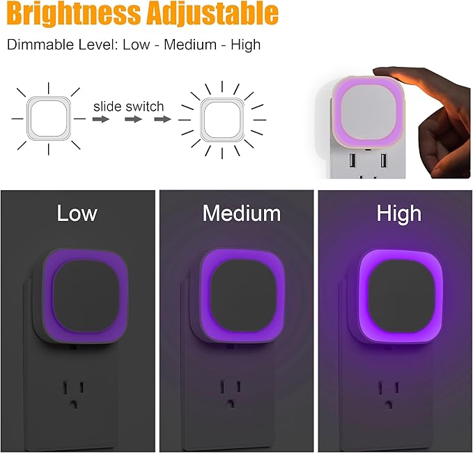 2 Pack Purple Night Light, Gentle Eye-Care with Dimmable Soft Glow & Indirect Reflection, Auto Dusk to Dawn Sensor, Plug in Nightlight for Meditation Corner, Creative Studio, Bedroom, Bathroom