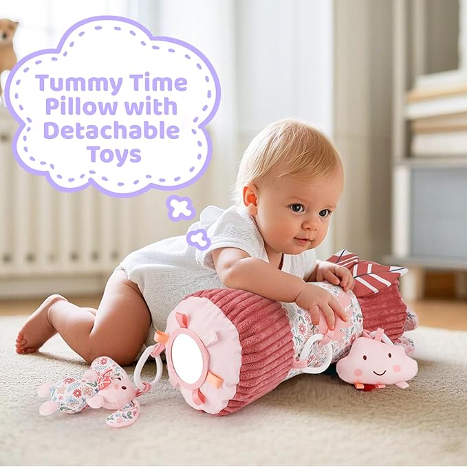 vocheer Tummy Time Pillow with Detachable Sensory Toys for Babies,Inflatable Design,Pink Rabbit, Baby Girl Toys 3-6 Months with Tummy Time Mirror, Rattles, Teether, Baby Girl Gifts