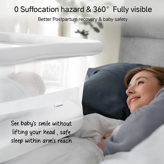 Cowiewie Bassinet Bedside Sleeper,Baby Bassinets Higher Place on Bed,5-Position Adjustment Baby Crib,Breathable 360° Mesh Sides Bedside Bassinet,Space-Saving Bedside Cribs, Height(37.4-41.3") (White)