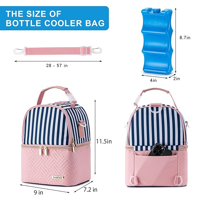 Breastmilk Cooler Bag with Ice Pack Fits 6 Baby Bottles up to 9 Ounce, Breast Milk Pump Cooler Bag with Shoulder Strap for Nursing Mom Daycare, Work, Travel- Straps