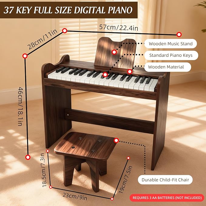 Kids Piano Keyboard, 37 Keys Digital Wood Piano Toddler Music Educational Instrument Toy, Xmas Birthday Gifts for 3+ Girls Boys