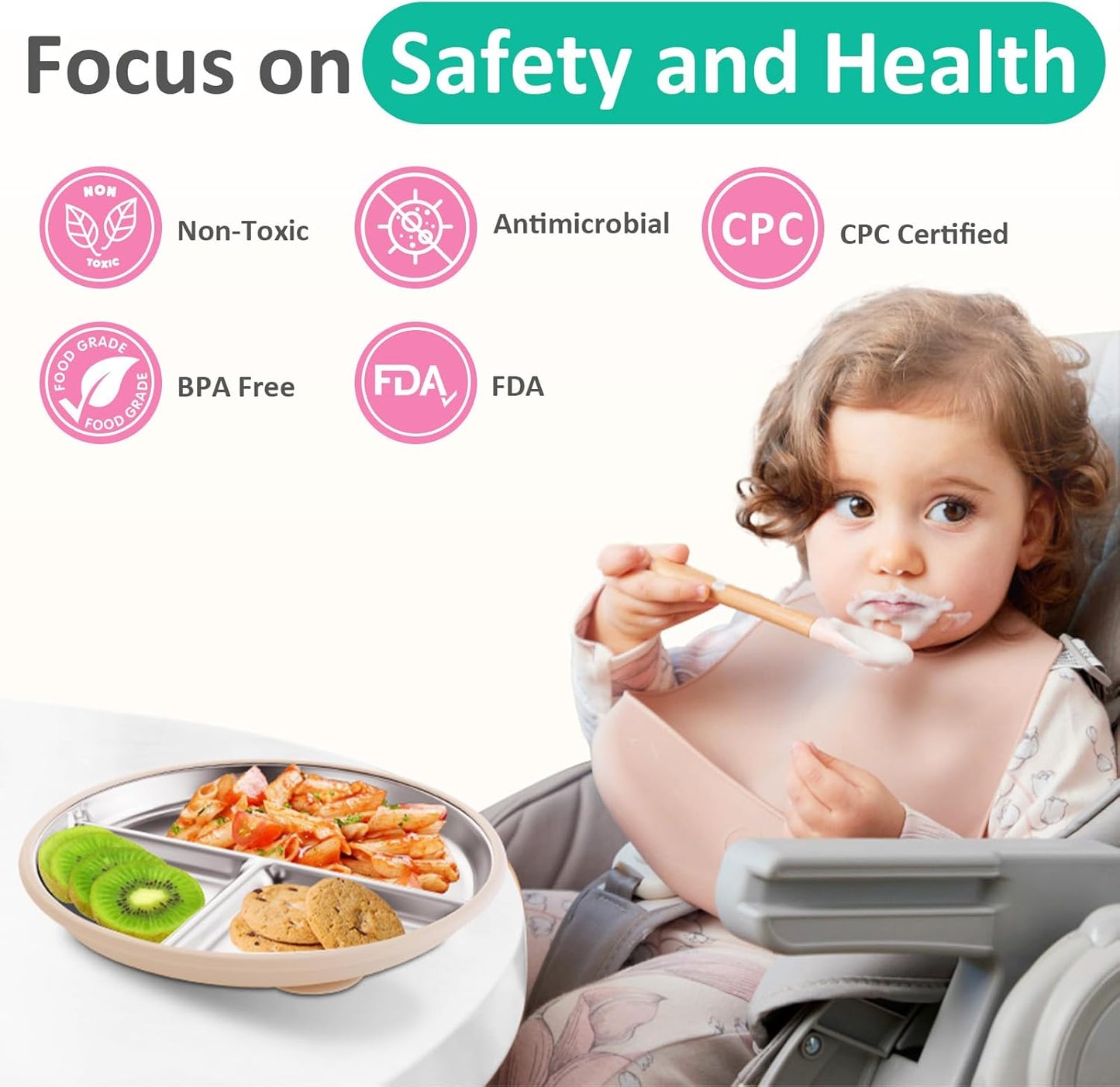 Stainless Steel Baby Plate with Suction, 9” Divided Toddler Plates with Removable Silicone Sleeves for Kids, Non-Toxic Non-Slip Unbreakable Dishwasher Safe Dinnerware Set of 2, Pink & Beige
