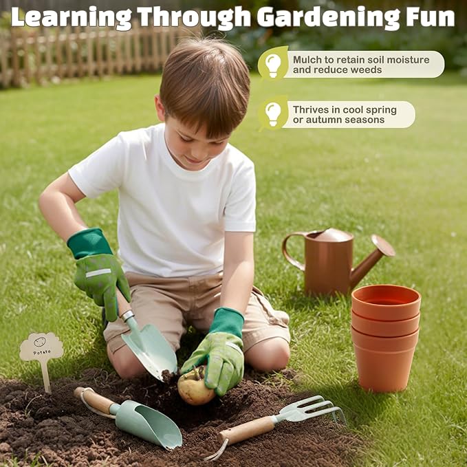 Dreamon Gardening Set Toys for Kids, Quality Garden Tool Kit Includes Tote Bag, Gloves, Shovel, Rake, Cultivator, Watering Can, STEM Learning Outdoor Gifts for Kids Toddlers