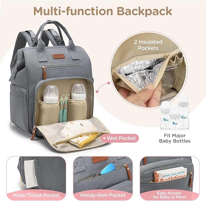 Breast Pump Bag for Spectra & Work with 14 inch Laptop Sleeve - Convertible Large Diaper Bag Backpack with Cooler Storage for Travel, Grey