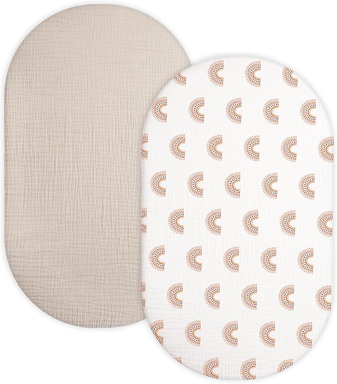 Bassinet Sheet for Baby Boy and Girl 2 Pack, Fitted Sheets for Rectangle, Oval, Hourglass Bassinet Mattress, Muslin Moses Basket Sheets with Neutral Style (Beige & Rainbow)