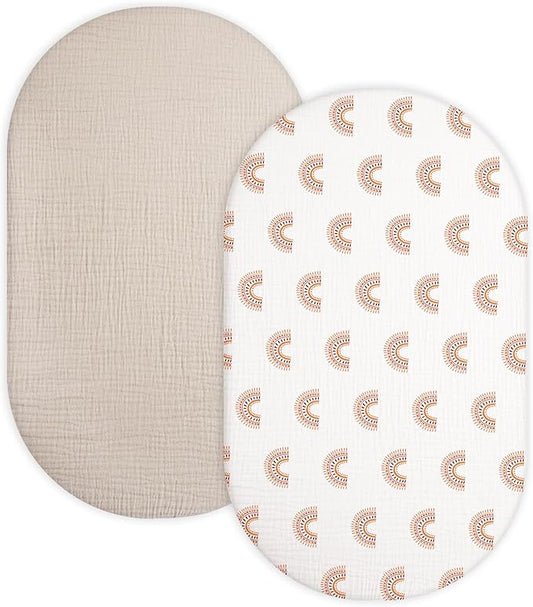 Bassinet Sheet for Baby Boy and Girl 2 Pack, Fitted Sheets for Rectangle, Oval, Hourglass Bassinet Mattress, Muslin Moses Basket Sheets with Neutral Style (Beige & Rainbow)