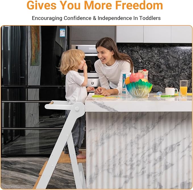 COSYLAND Foldable Toddler Standing Tower - Adjustable Height Folding Step Stool Kids Toddler Kitchen Stool Helper for Learning and Cooking - Ages 18 Months to 6 Years with Safety net Natural & White