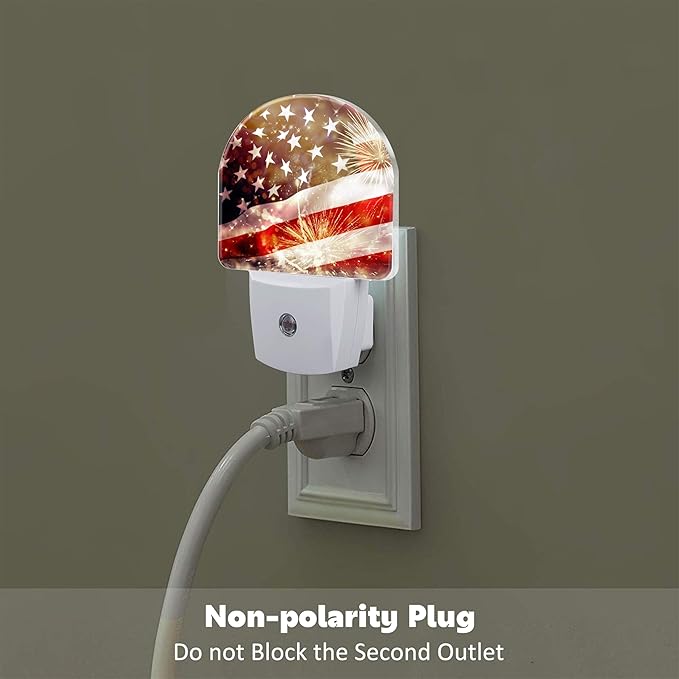 America Flag with Fireworks Night Light Plug into Wall,Vintage The USA Flag Patriotic Dusk to Dawn Night Light,0.5w Energy Saving Sleep Friendly Nightlights for Kids Boys Girls Home