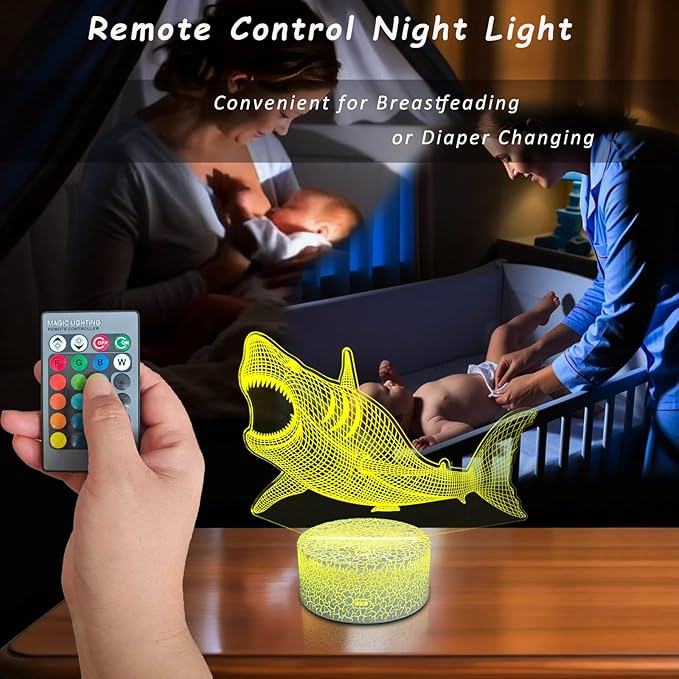 Megalodon Night Light, Nursery Night Lamp for Kids, 16 Color Changing with Dimmable Remote Control, Toy Shark Gifts for Girls Boys Teen Kids Family, Bedroom Shark Theme Decortive