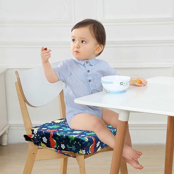 Taeku Booster Seat for Dining Table, Portable Kids Toddler Booster Chair Increasing Cushion Cartoon Seat Pad with 2 Safety Buckles for Kitchen Restaurant (Dinosaur Blue)