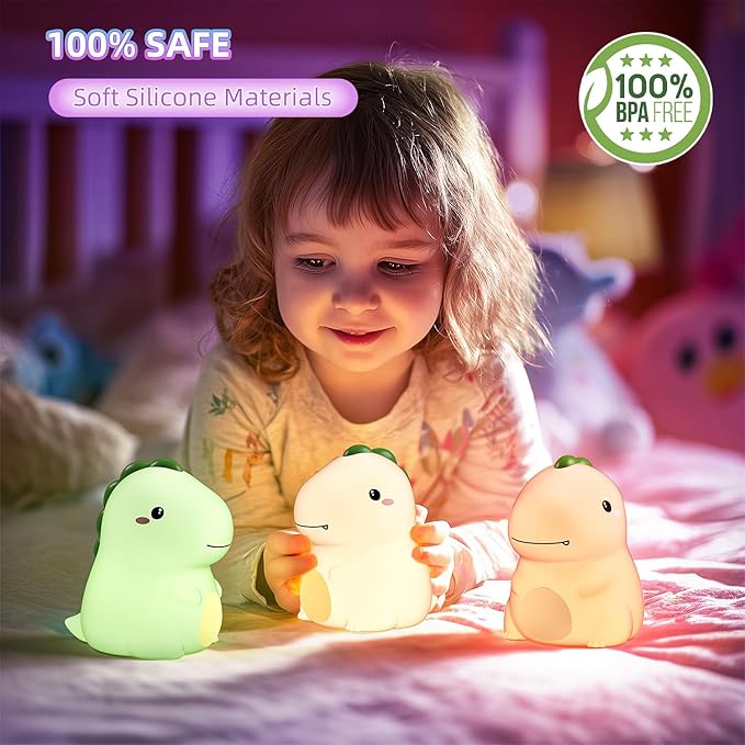 Dinosaur Night Light for Boys, Dino Lamp Silicone Light, 16 Color Nightlight, Rechargeable Battery Powered, 30Min Timer Off, Ideal Gifts for Kids,Toddler,Baby