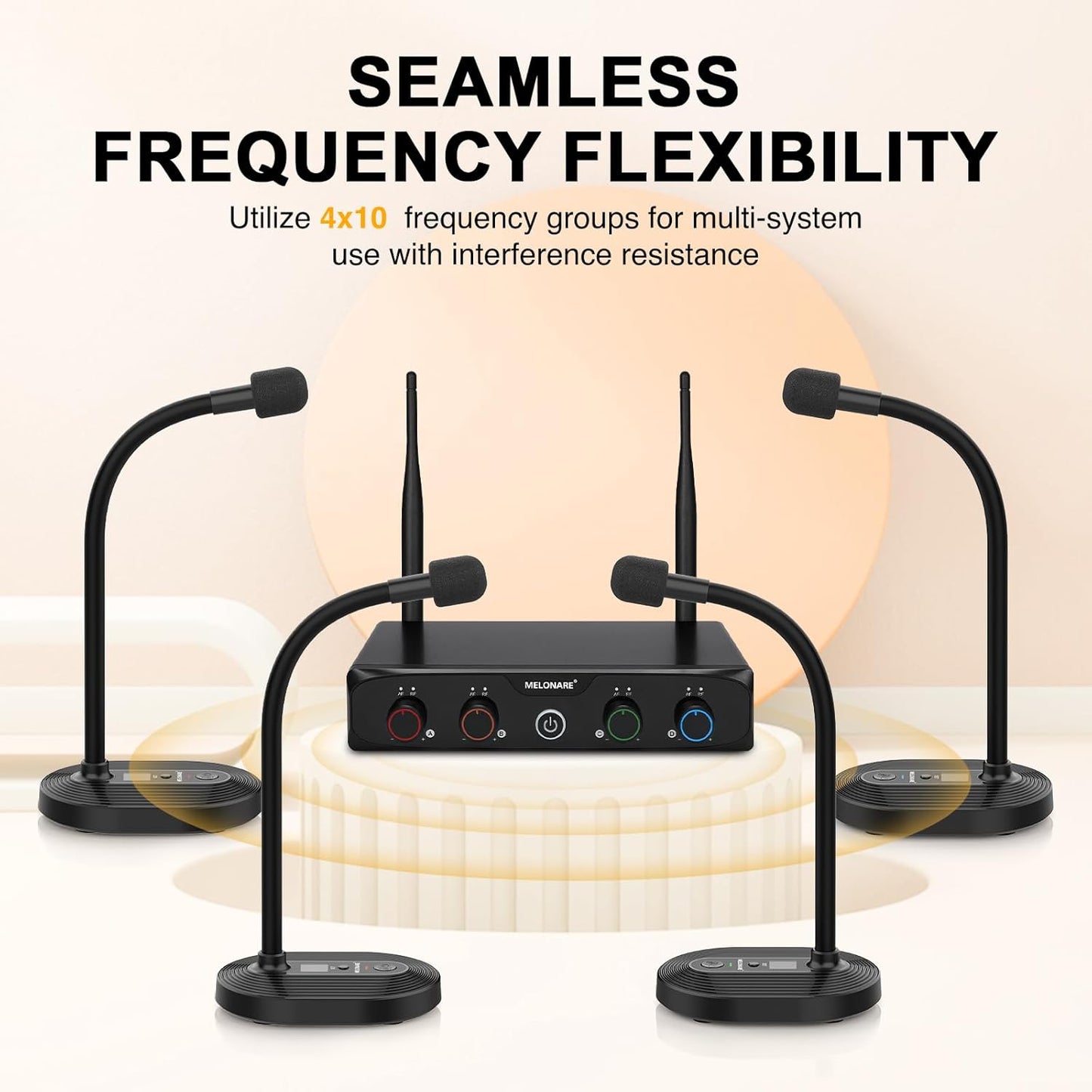 4-Channel Wireless Conference Microphone System, UHF Compact Cordless Mic Set w/ 4x10 Frequencies, 200ft Range, 4 Gooseneck Mics for Lecture, Church, Conference, Public Speaking (MWM-41-4G)