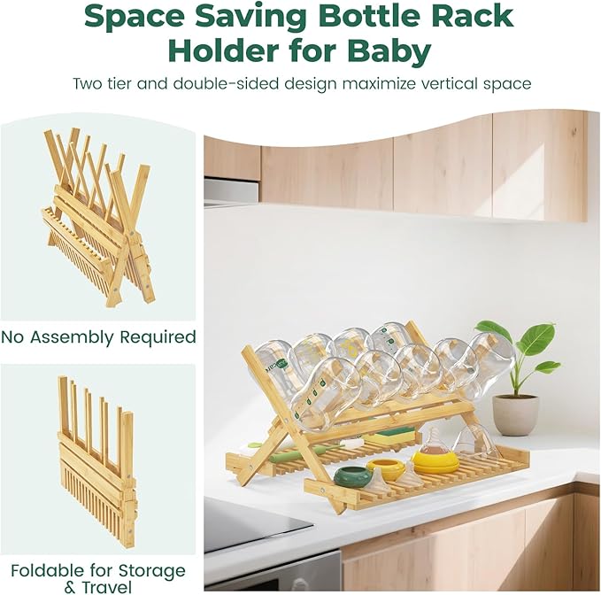 EsLuker.ly Baby Bottle Drying Rack, Bamboo Vertical Dryer Holder Organizer for Kitchen Countertop, Space Saving Foldable Baby Glass Milk Bottle Drain Storage Shelf for New Parents Family, No Assembly