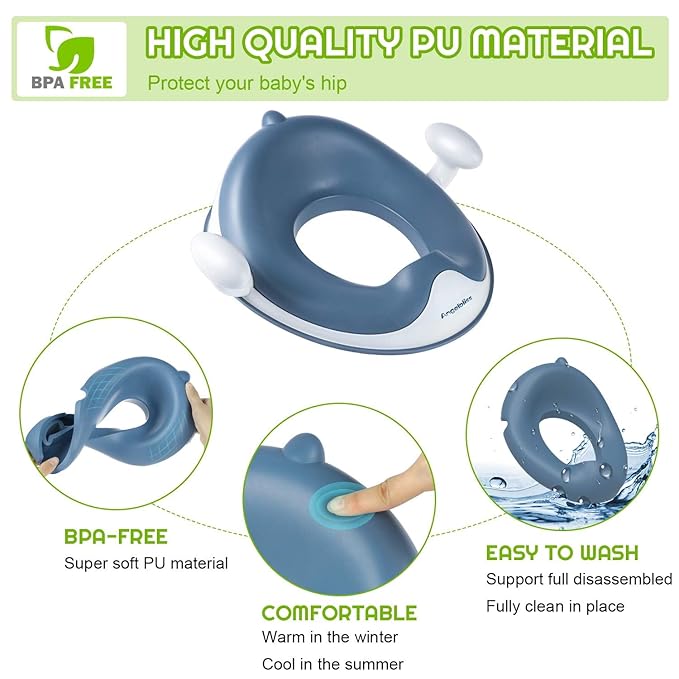 ANGELBLISS Baby Potty Training Toilet Seat with Soft Cushion Handles, Haute Collection, Double Anti-Slip Design and Splash Guard for Boys and Girls (Blue)