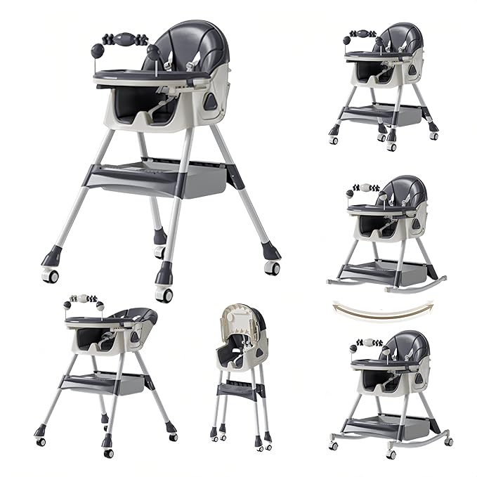 Nine point nine PU Leather High Chairs with Rocking Mode, High Chair for Babies and Toddlers, Adjustable and Easy to Fold Highchair, Highchairs with Double Tray (Grey)