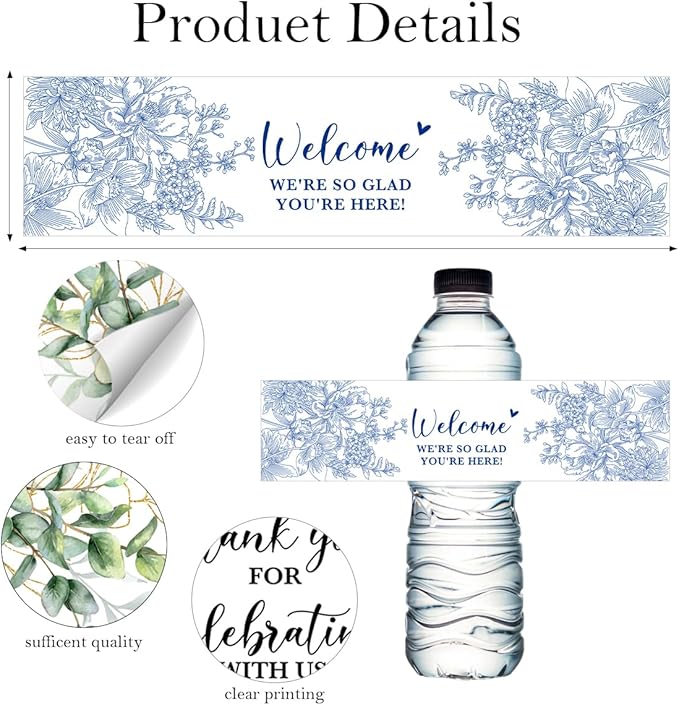 100PCS Wedding Water Bottle Labels Waterproof Greenery Floral Wraps Sticker for Water Bottle Baby Shower Bottle Label for Bridal Shower Party Welcome A08