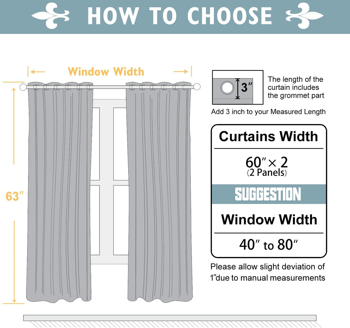 ChrisDowa 100% Blackout Curtains 63 inch Long for Bedroom with Black Liner, Extra Wide 2 Thick Layers Total Blackout Thermal Insulated Grommet Window Curtains 2 Panels Set (Grey, 60 x 63 Inch)