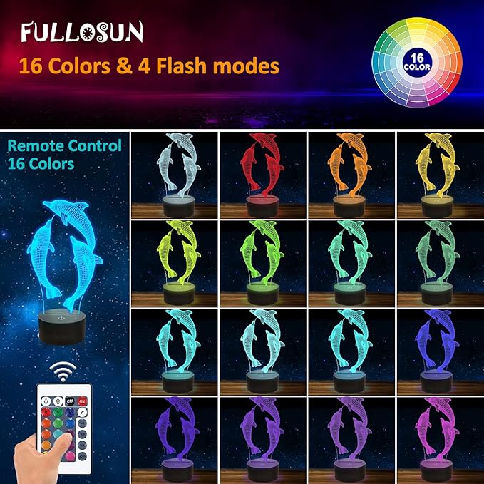 Night Light for Kids Ocean Dolphin 3D Night Light Porpoise Bedside Lamp with Remote Control 16 Color Changing Xmas Halloween Birthday Gift for Child Baby Girl