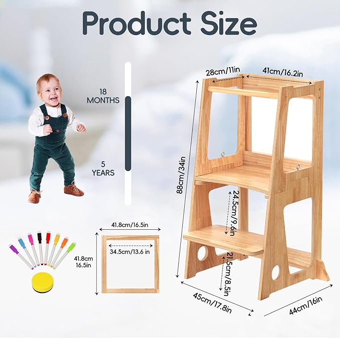 4 in 1 Kids Toddler Kitchen Stool Helper with Double-Sided Whiteboard, Wooden Toddler Learning Standing Tower, Non-Skid Feet Children Step Stool for Kitchen Counter, Bathroom Sink, Adult Use
