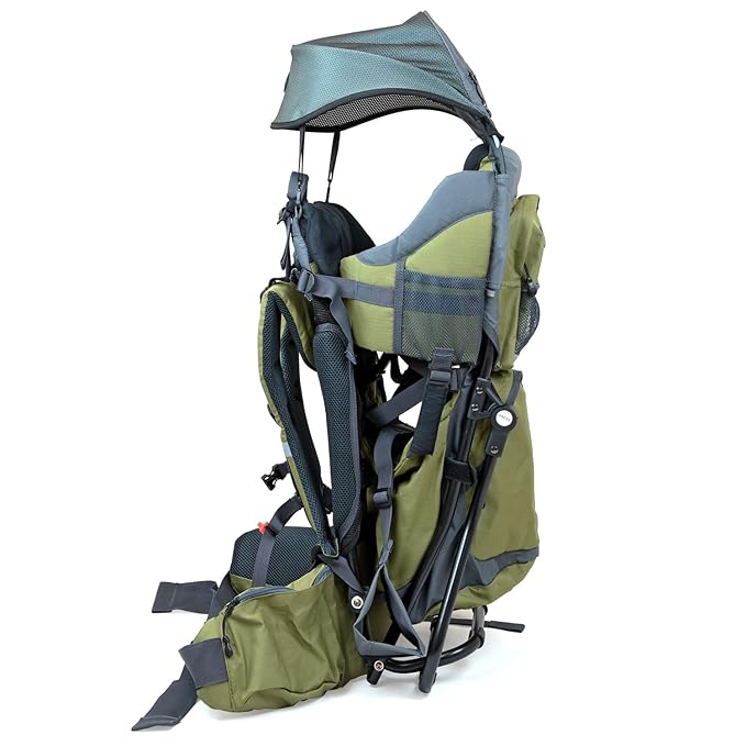 ClevrPlus Canyonero Camping Baby Backpack Hiking Kid Toddler Child Carrier with Stand and Sun Shade Visor, Army Green