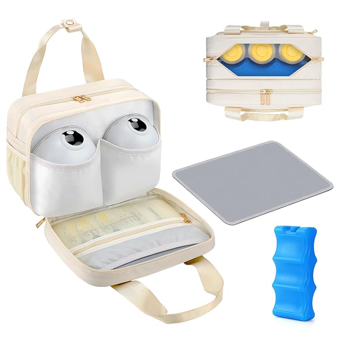 PIIOSER Breastmilk Cooler Bag with Ice Pack, Compatible with Wearable Breast Pumps & Accessories - Portable Pumps Carrying Case for Nursing & Working Moms, Cream