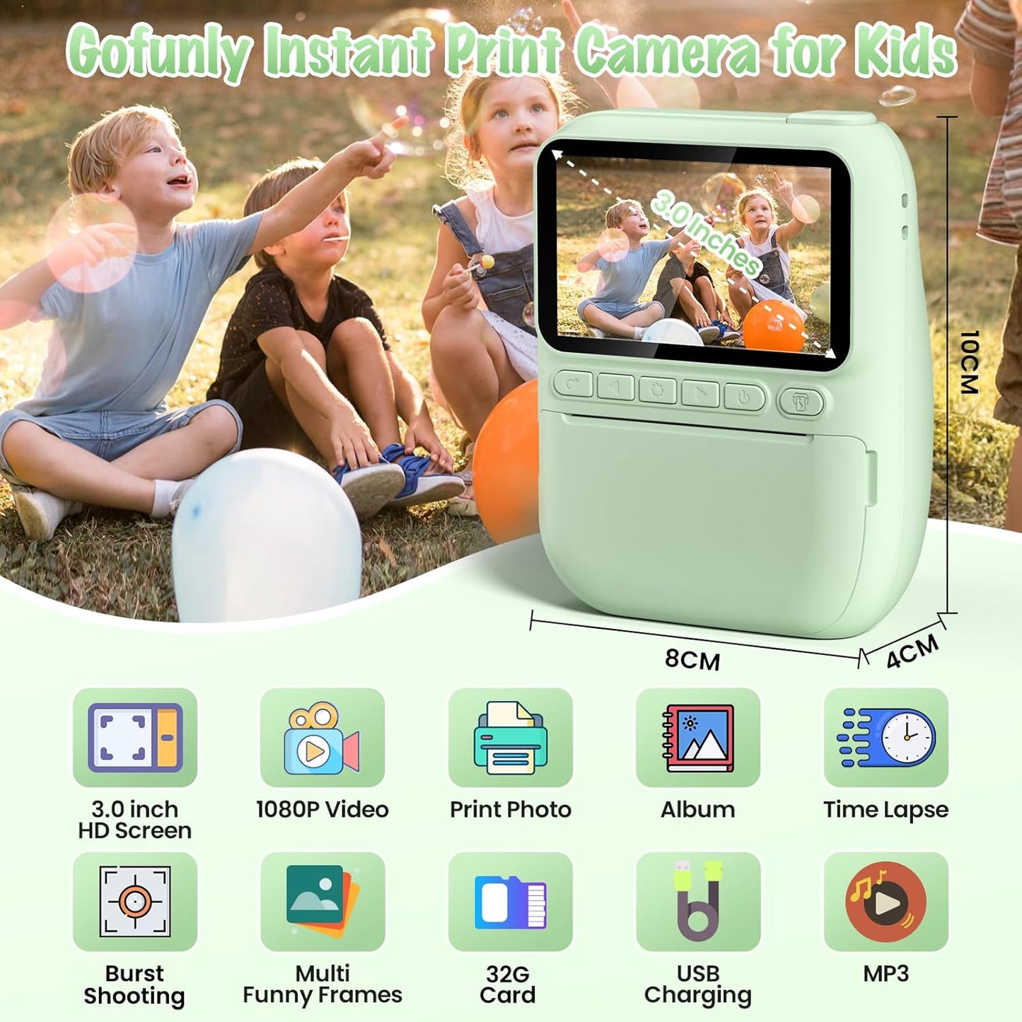 Kids Camera Instant Print, 3.0" HD 32MP 1080P Toddler Digital Camera with 3 Rolls of Printer Paper, Birthday Gifts Toy for 3-12 Year Old Girls Boys with 32GB SD Card-Green