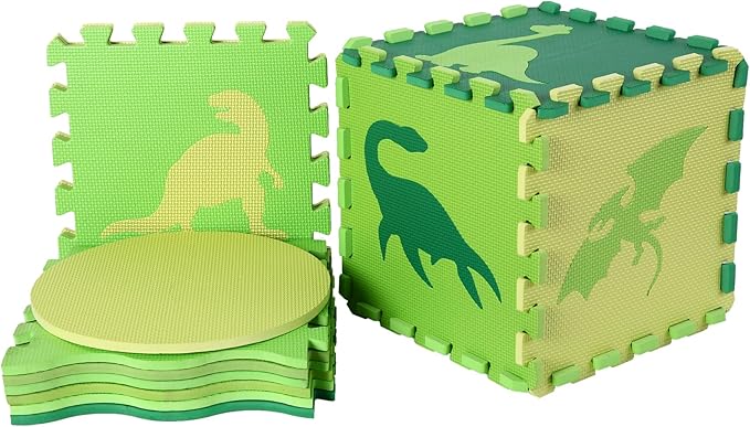 Foam Play Mat for Kids，25Pcs Square Interlocking Puzzle Floor Mat，Baby Play Mat Floor Mat Foam Puzzle Playmat for Toddlers with Fence - Green Dinosaurs