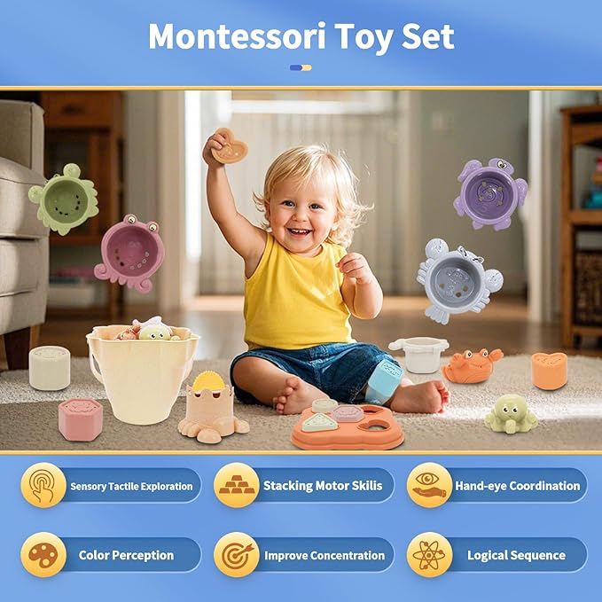 16 in 1 Montessori Toys Set,Stacking Toys for Toddler 1-3 Shape Sorters Stacking Cups Baby Toys for 6-12 Months Nesting Stack Cups, Infant Stackable Block for 6-48 Months Birthday Gift for Girl Boy
