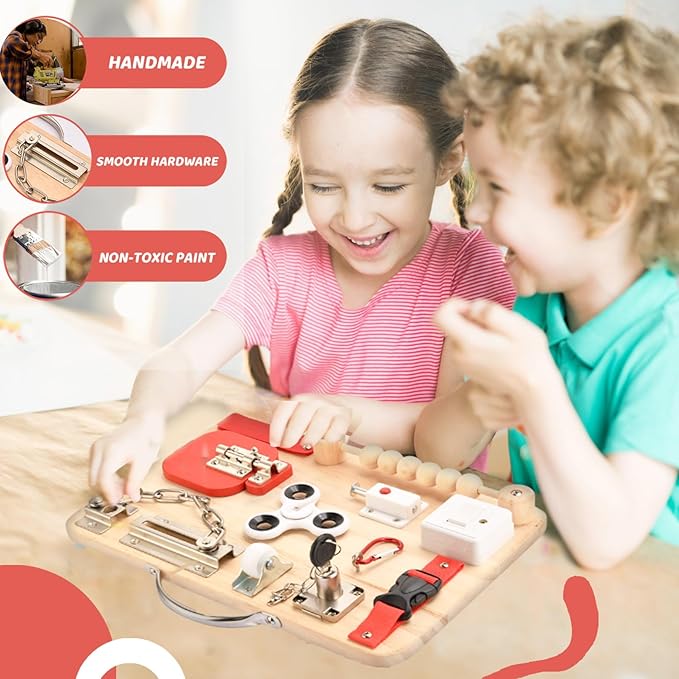 Montessori Busy Board for Toddlers - Wooden Educational Fidget Toys - Autism Sensory Products - Activity Board for Kids Baby Boys Girls, ADHD- Fine Motor Kids Travel Toys