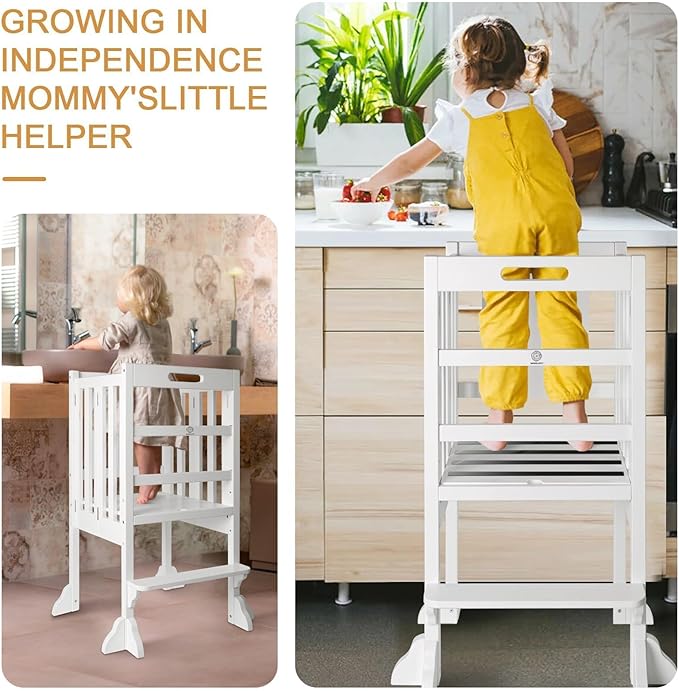 WOOD CITY Kitchen Step Stool Helper - Montessori Foldable Standing Tower for Toddlers with Safety Rail, Height Adjustable Ideal Helper for Learning New Skills, Natural Pure Pine Wood (White)
